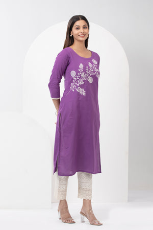 Linen Kurta with Floral Embroidery & Lace Hem - Purple