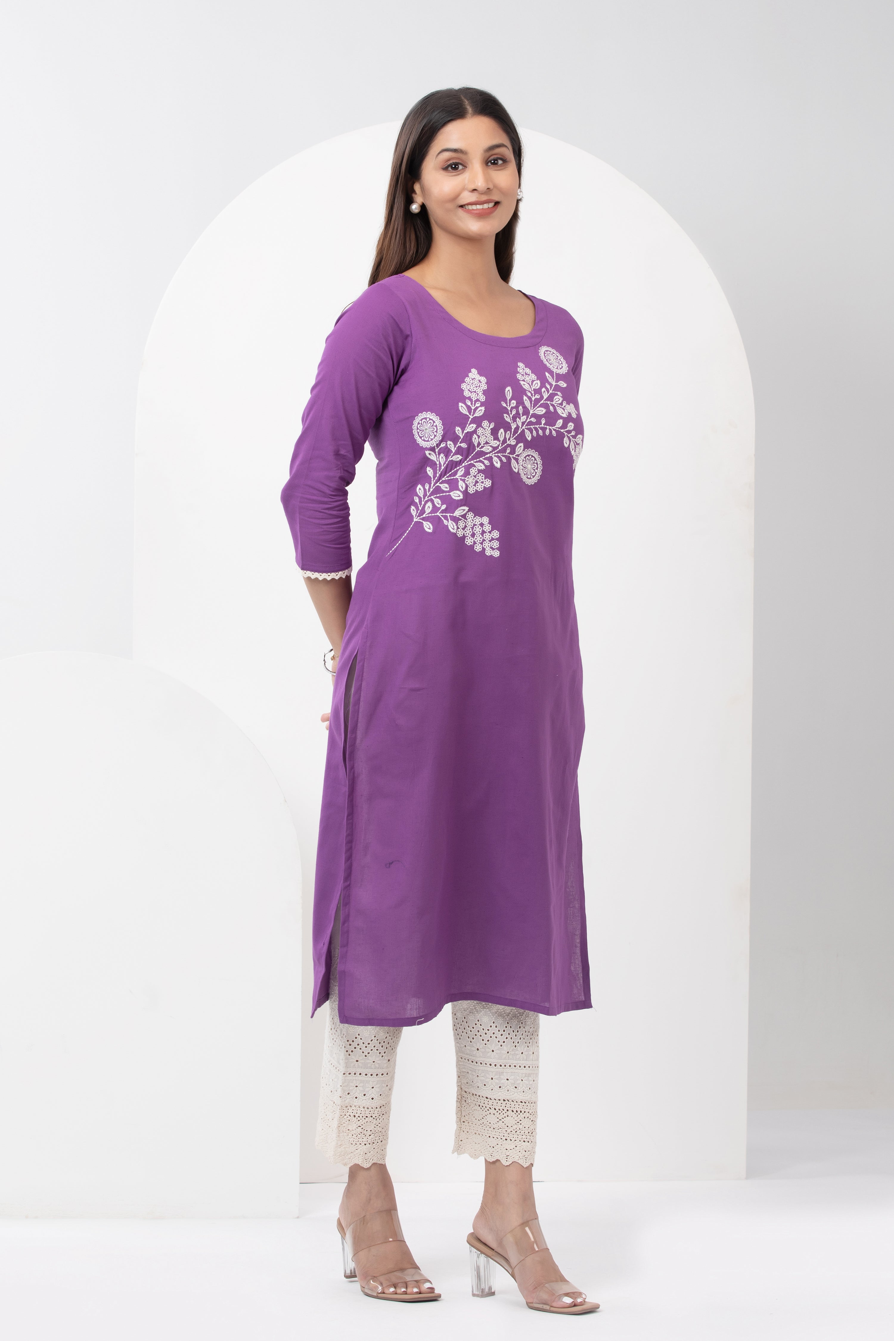 Linen Kurta with Floral Embroidery & Lace Hem - Purple