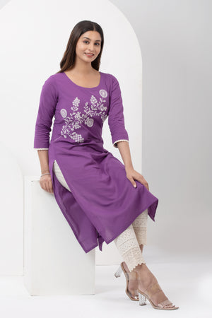 Linen Kurta with Floral Embroidery & Lace Hem - Purple