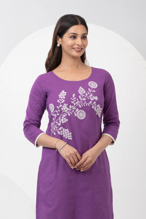 Linen Kurta with Floral Embroidery & Lace Hem - Purple