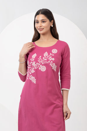 Linen Kurta with Floral Embroidery & Lace Hem - Pink