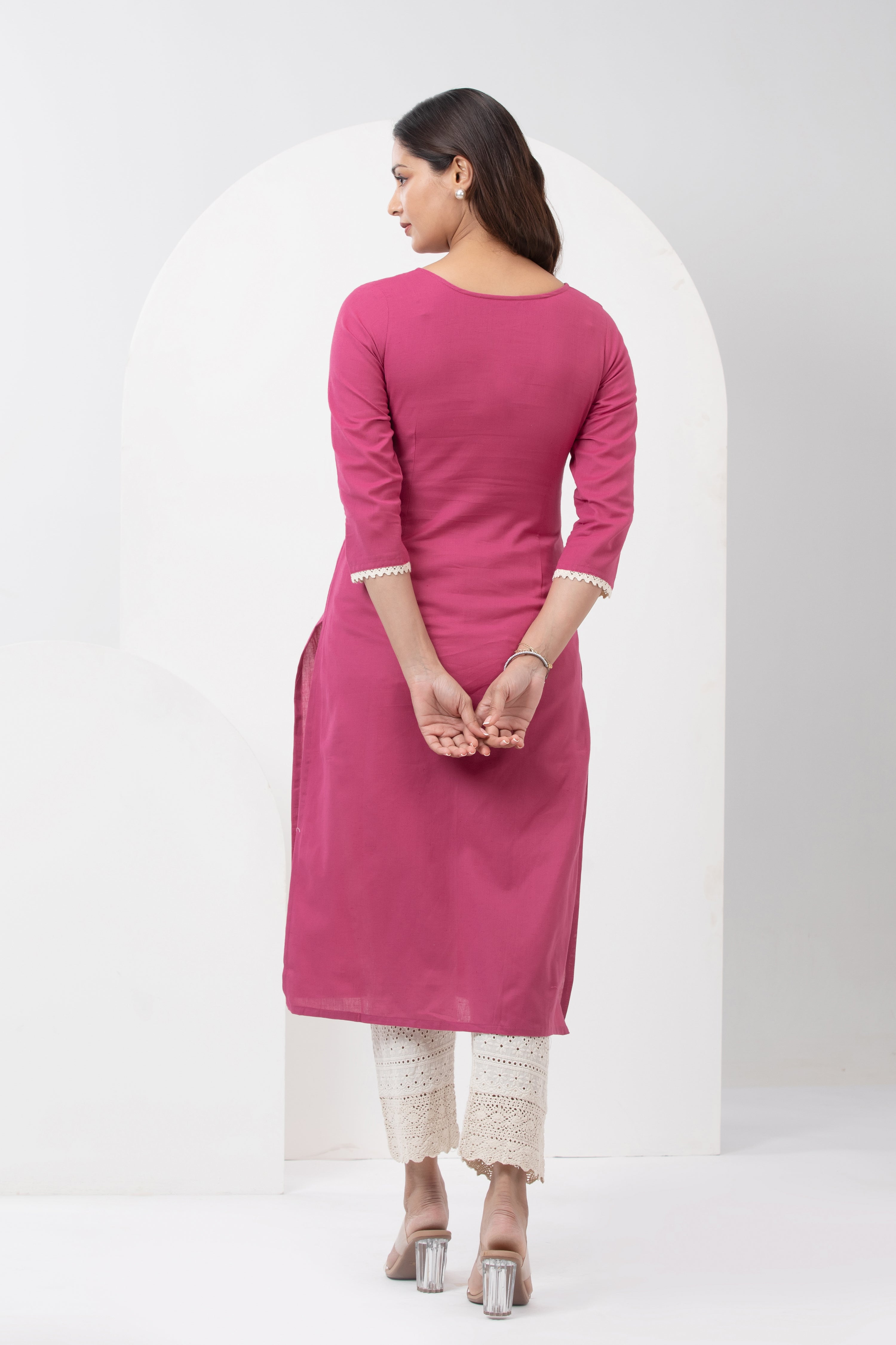 Linen Kurta with Floral Embroidery & Lace Hem - Pink