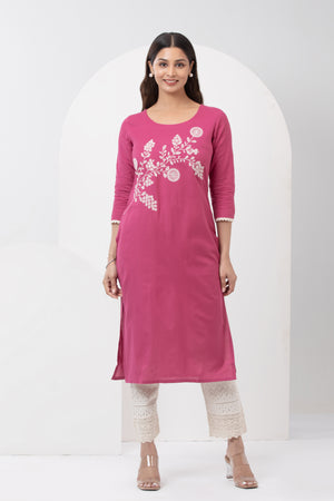 Linen Kurta with Floral Embroidery & Lace Hem - Pink