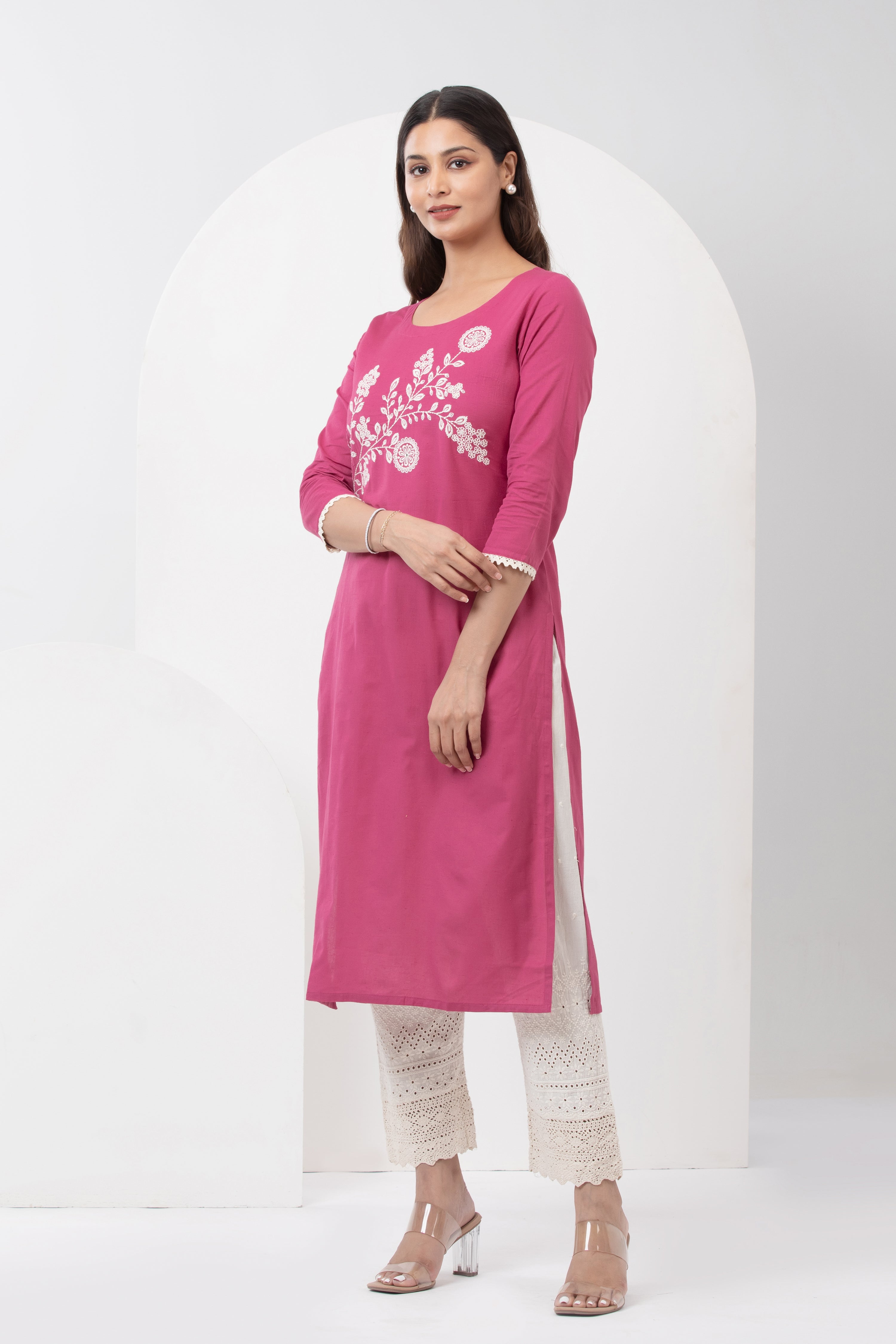 Linen Kurta with Floral Embroidery & Lace Hem - Pink