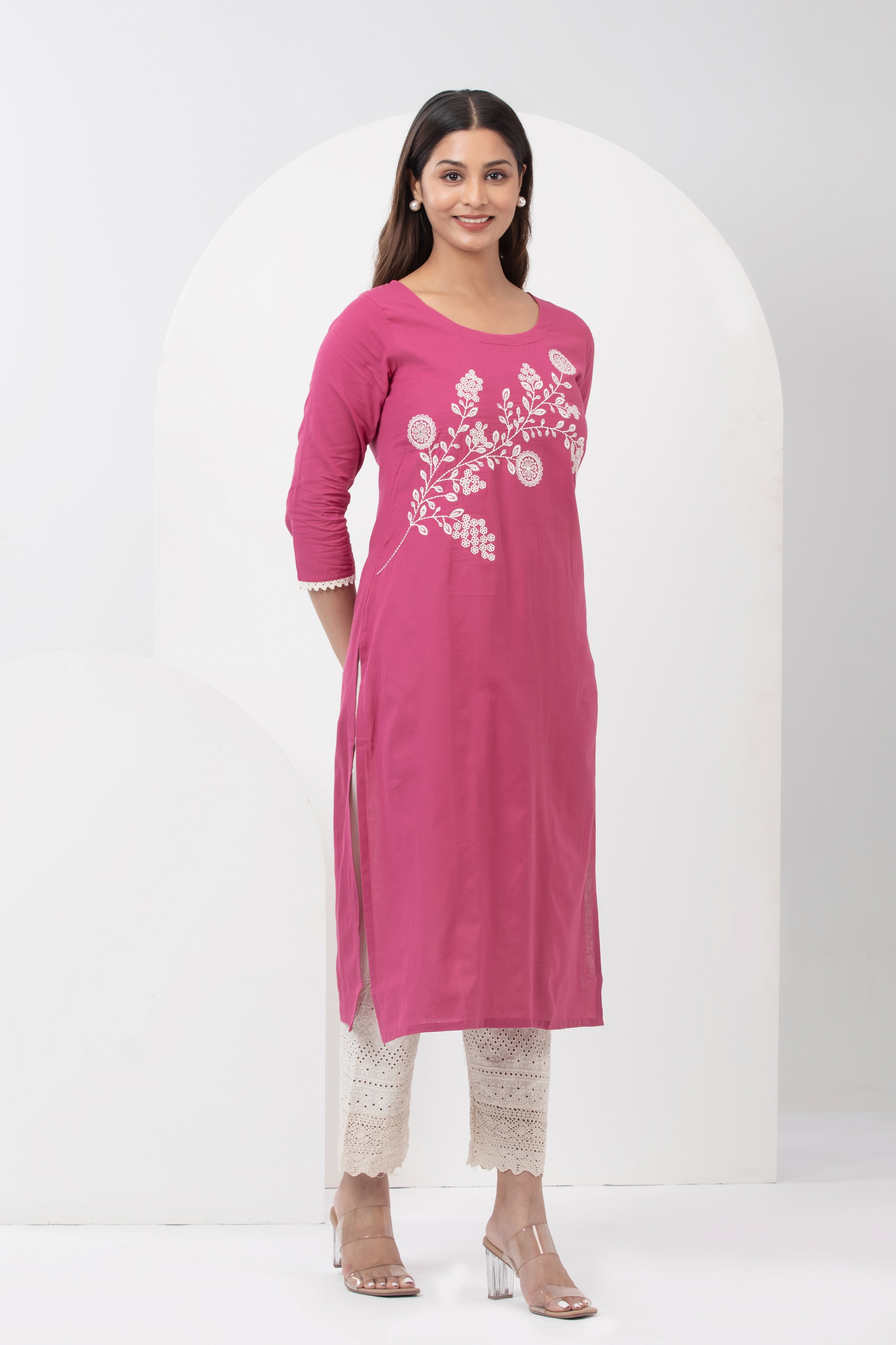 Linen Kurta with Floral Embroidery & Lace Hem - Pink