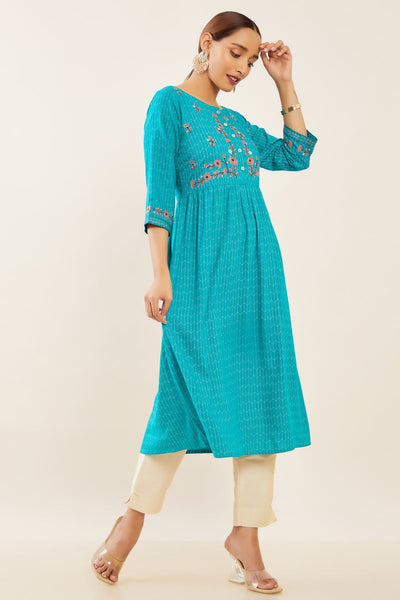 Contrast Foil Mirror Embroidered A-Line Pleated Kurta - Green