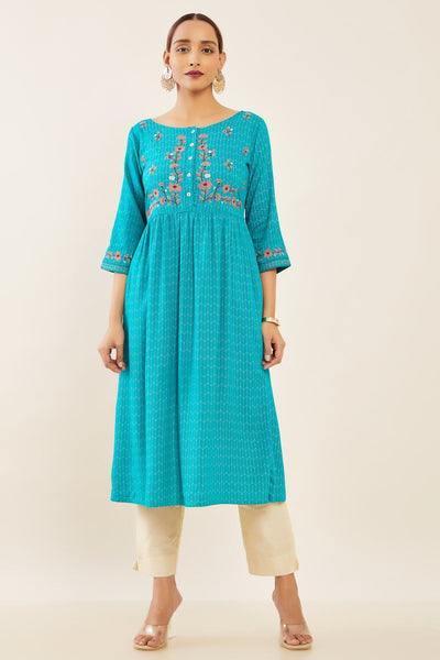 Contrast Foil Mirror Embroidered A-Line Pleated Kurta - Green