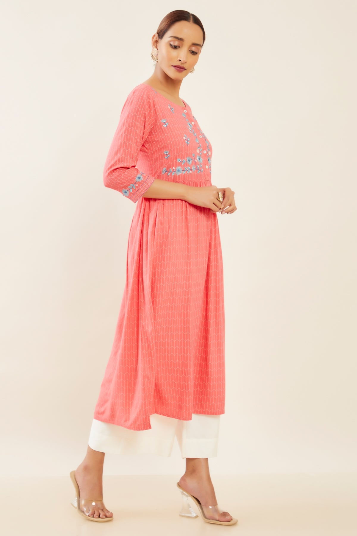 Contrast Foil Mirror Embroidered A-Line Pleated Kurta - Pink