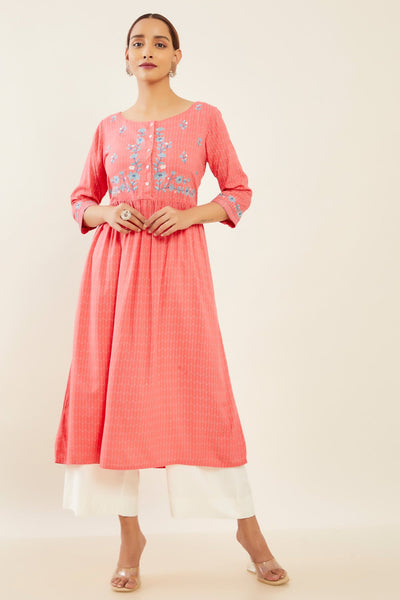 Contrast Foil Mirror Embroidered A-Line Pleated Kurta - Pink