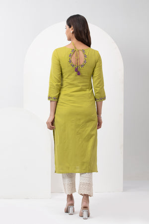 Linen Embroidered Kurta with Back Tie-up - Green