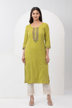 Linen Embroidered Kurta with Back Tie-up - Green