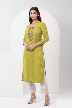 Linen Embroidered Kurta with Back Tie-up - Green