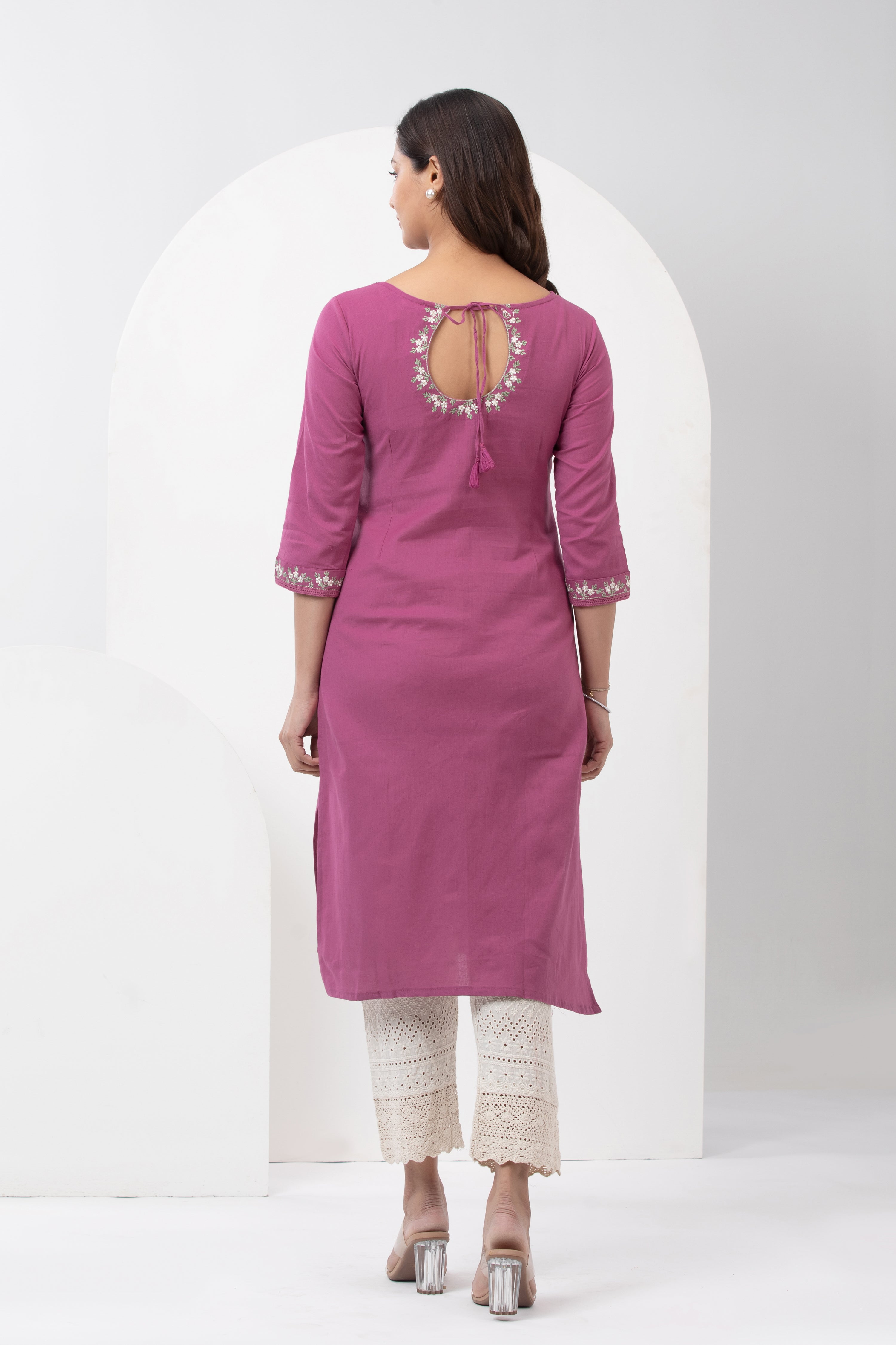 Linen Embroidered Kurta with Back Tie-up - Orchid Pink