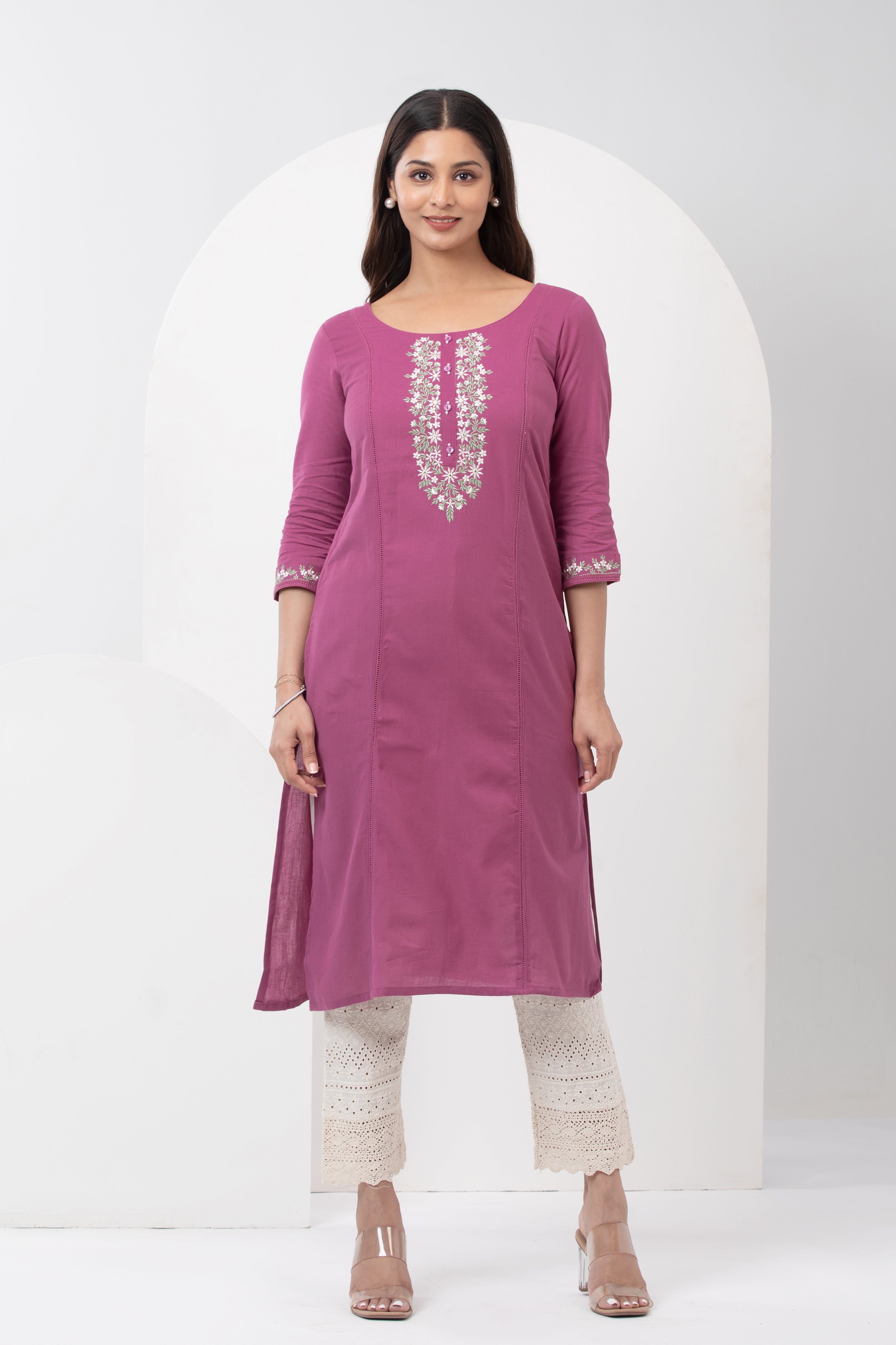 Linen Embroidered Kurta with Back Tie-up - Orchid Pink