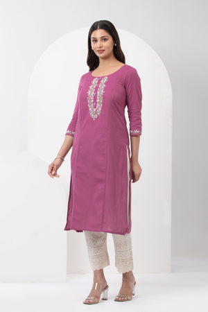 Linen Embroidered Kurta with Back Tie-up - Orchid Pink