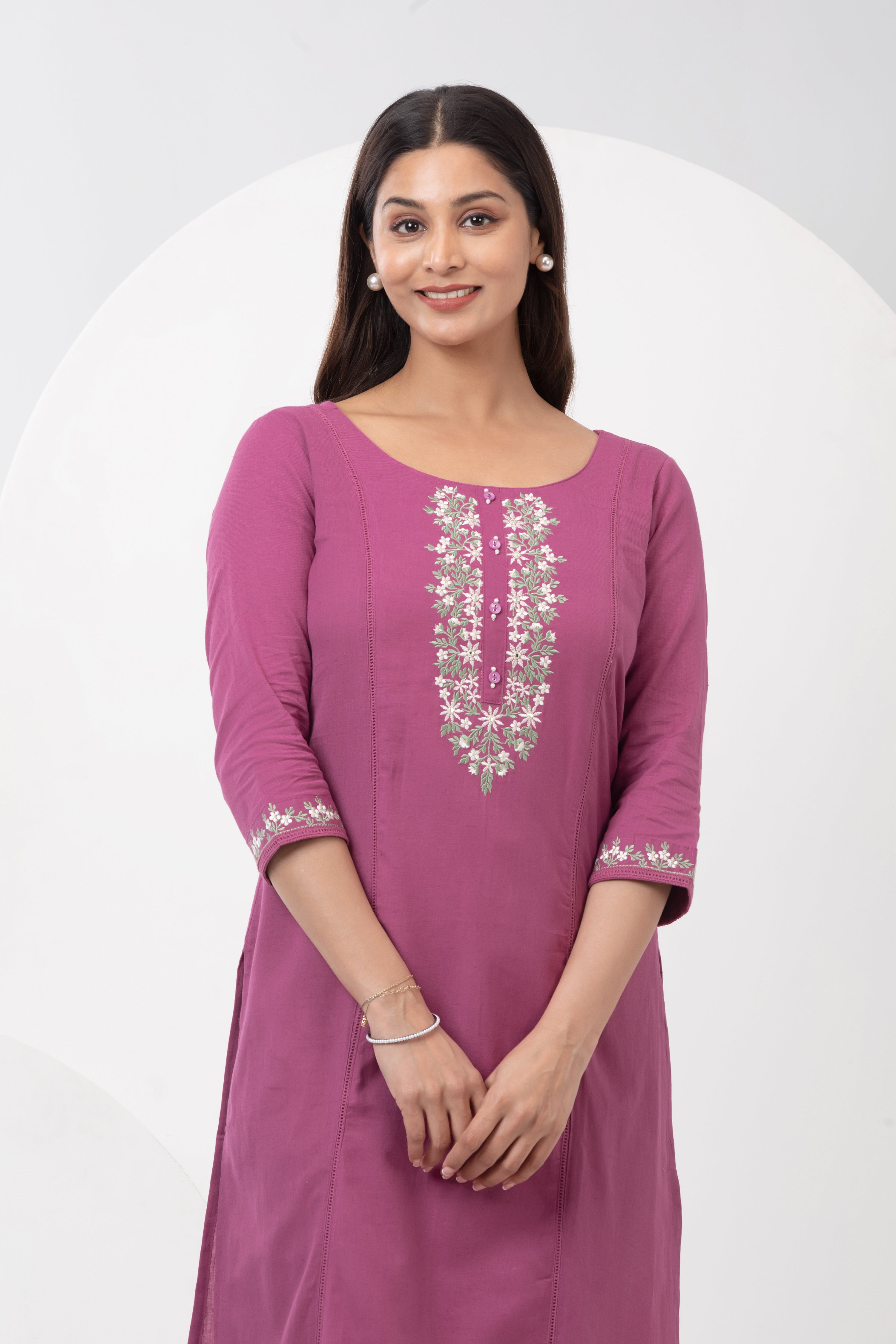 Linen Embroidered Kurta with Back Tie-up - Orchid Pink