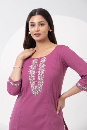 Linen Embroidered Kurta with Back Tie-up - Orchid Pink