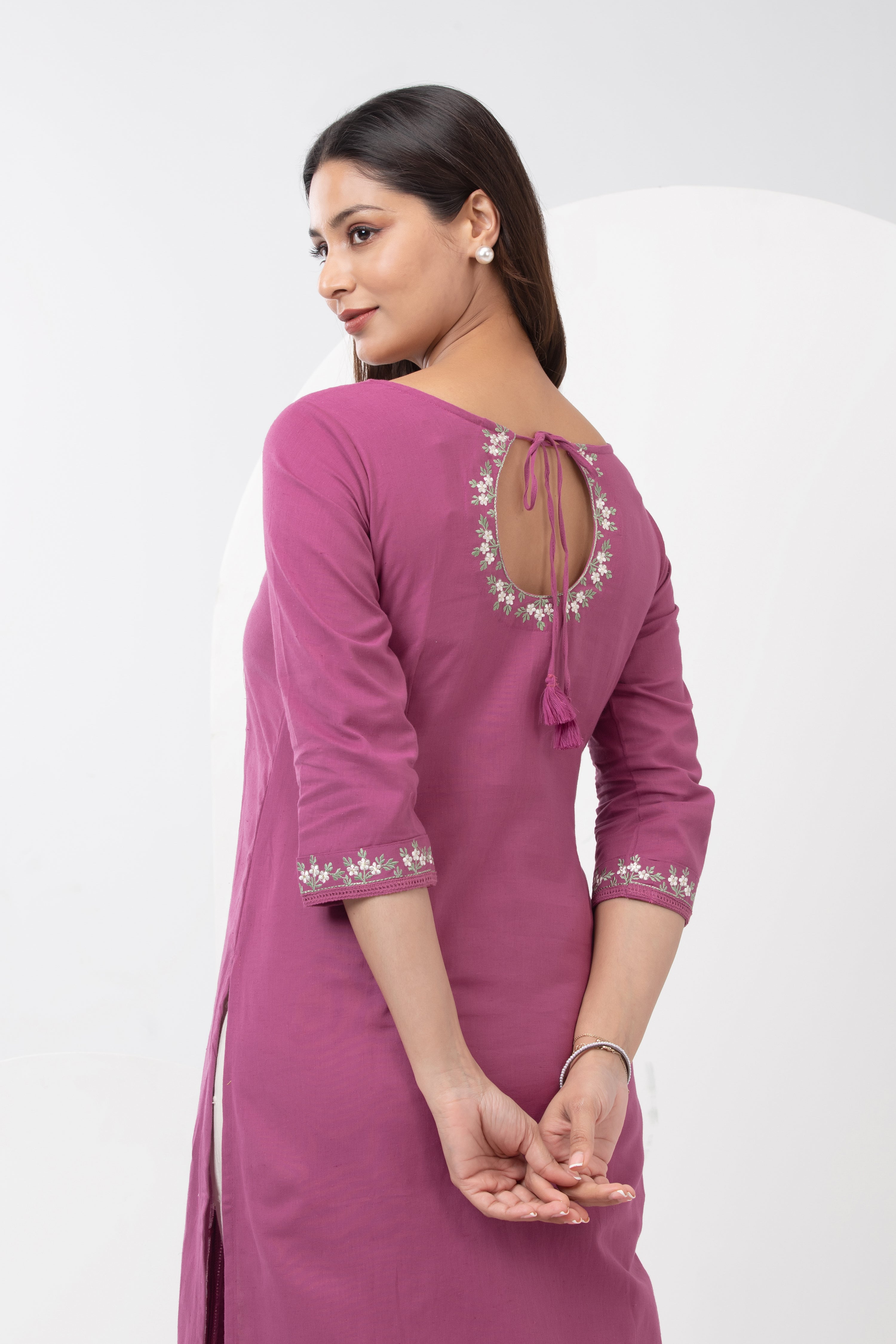 Linen Embroidered Kurta with Back Tie-up - Orchid Pink