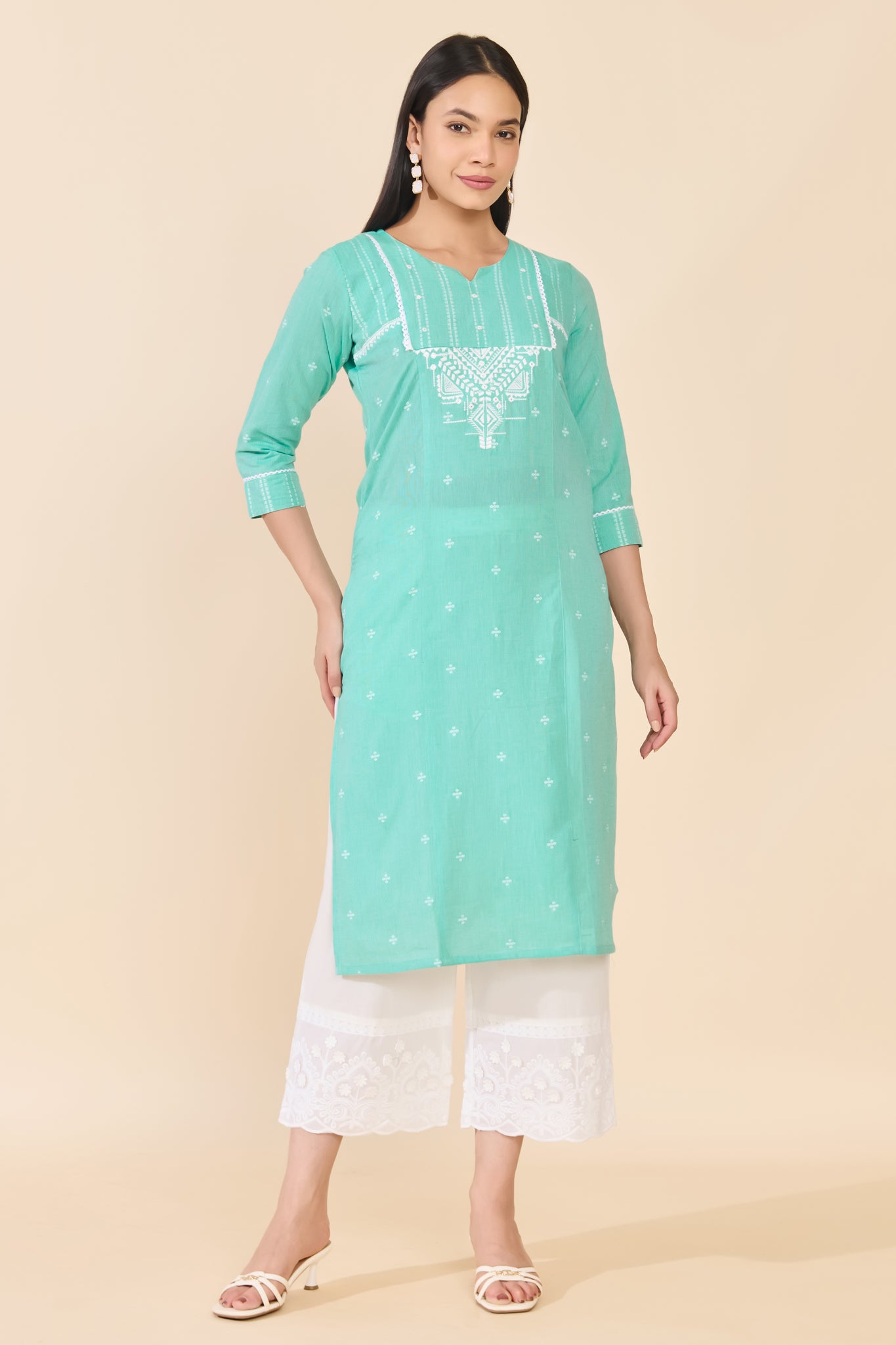 TURQUOISE DOBBY STRAIGHT CUT COTTON KURTA