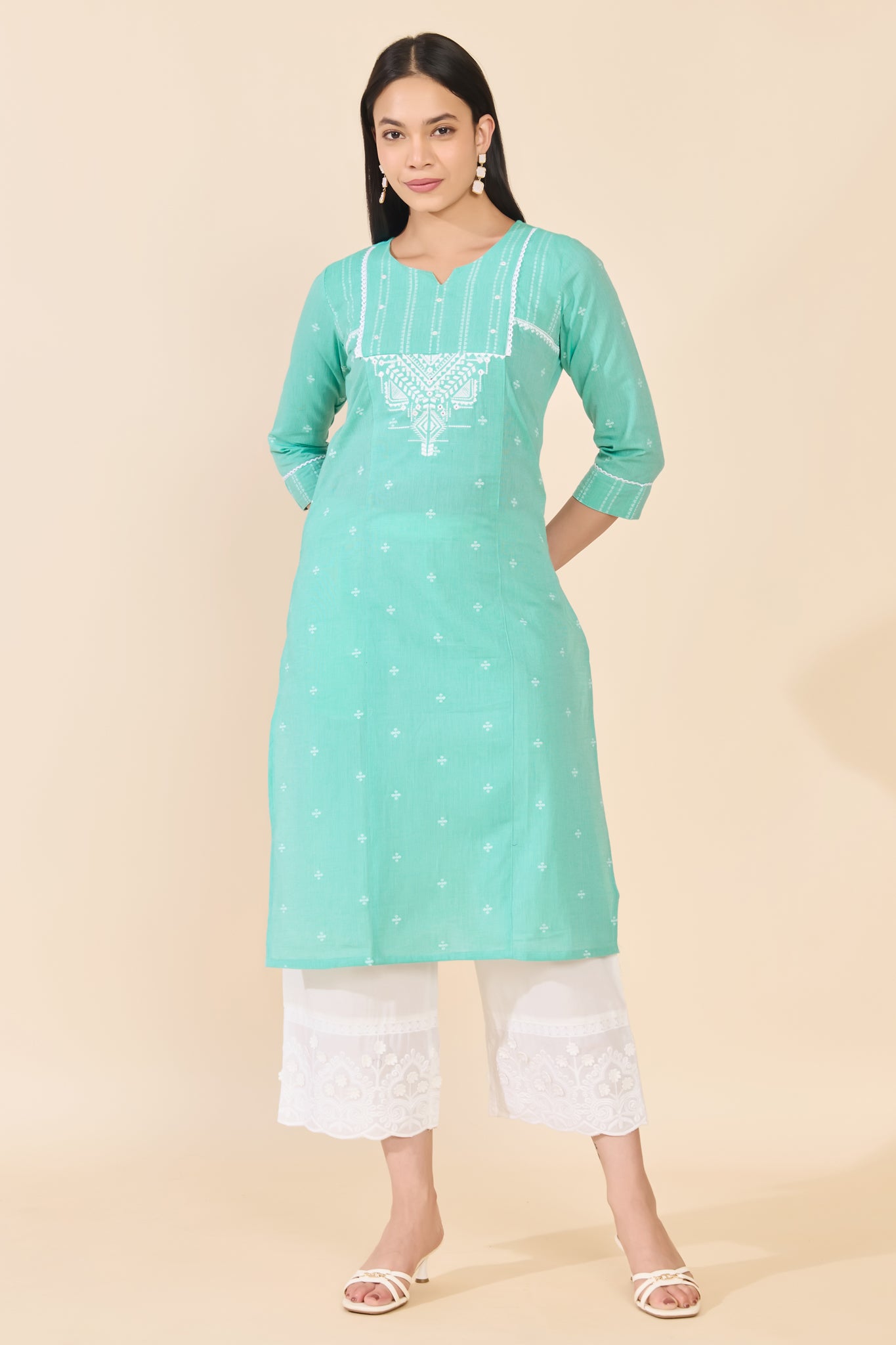 TURQUOISE DOBBY STRAIGHT CUT COTTON KURTA