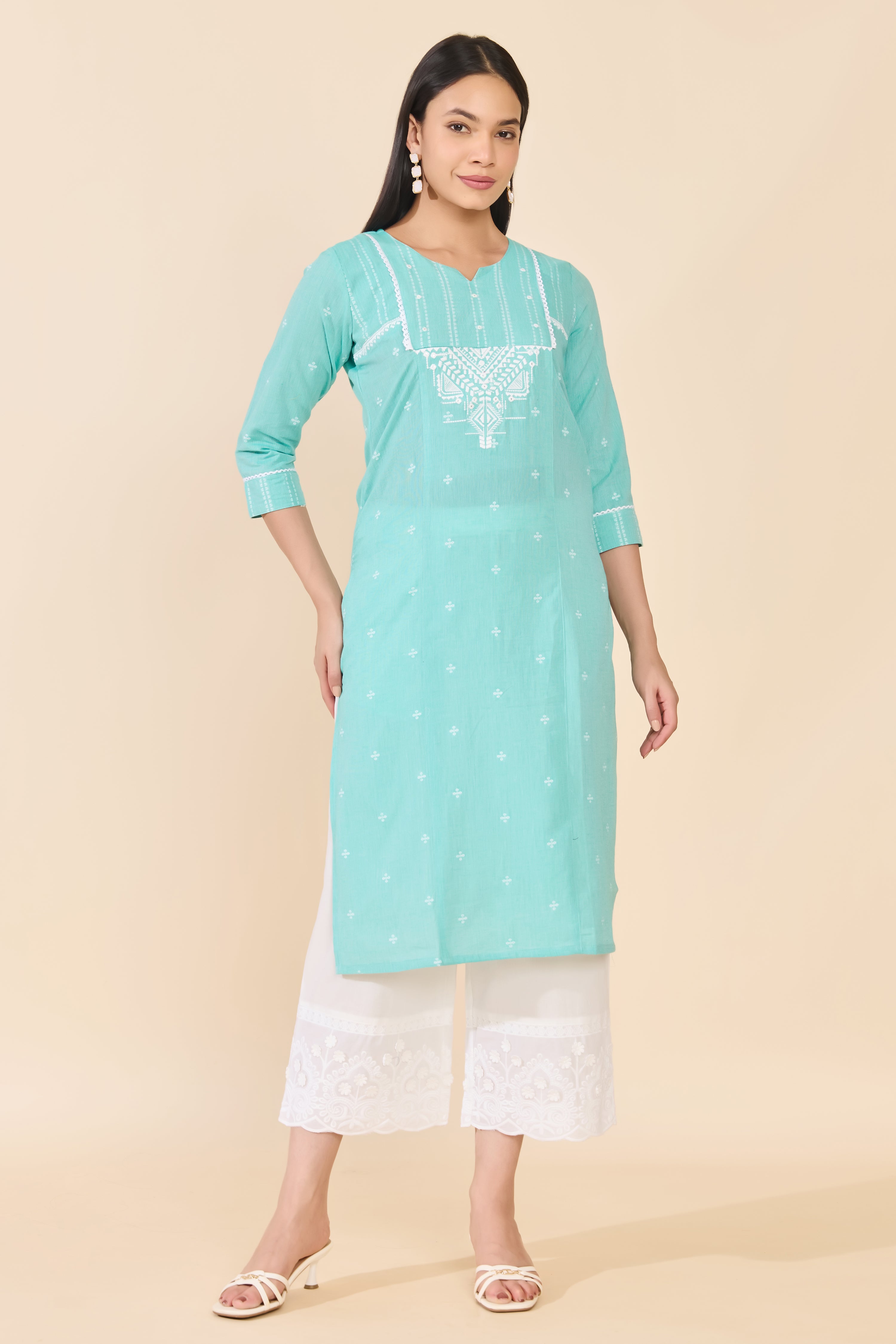 TURQUOISE DOBBY STRAIGHT CUT COTTON KURTA
