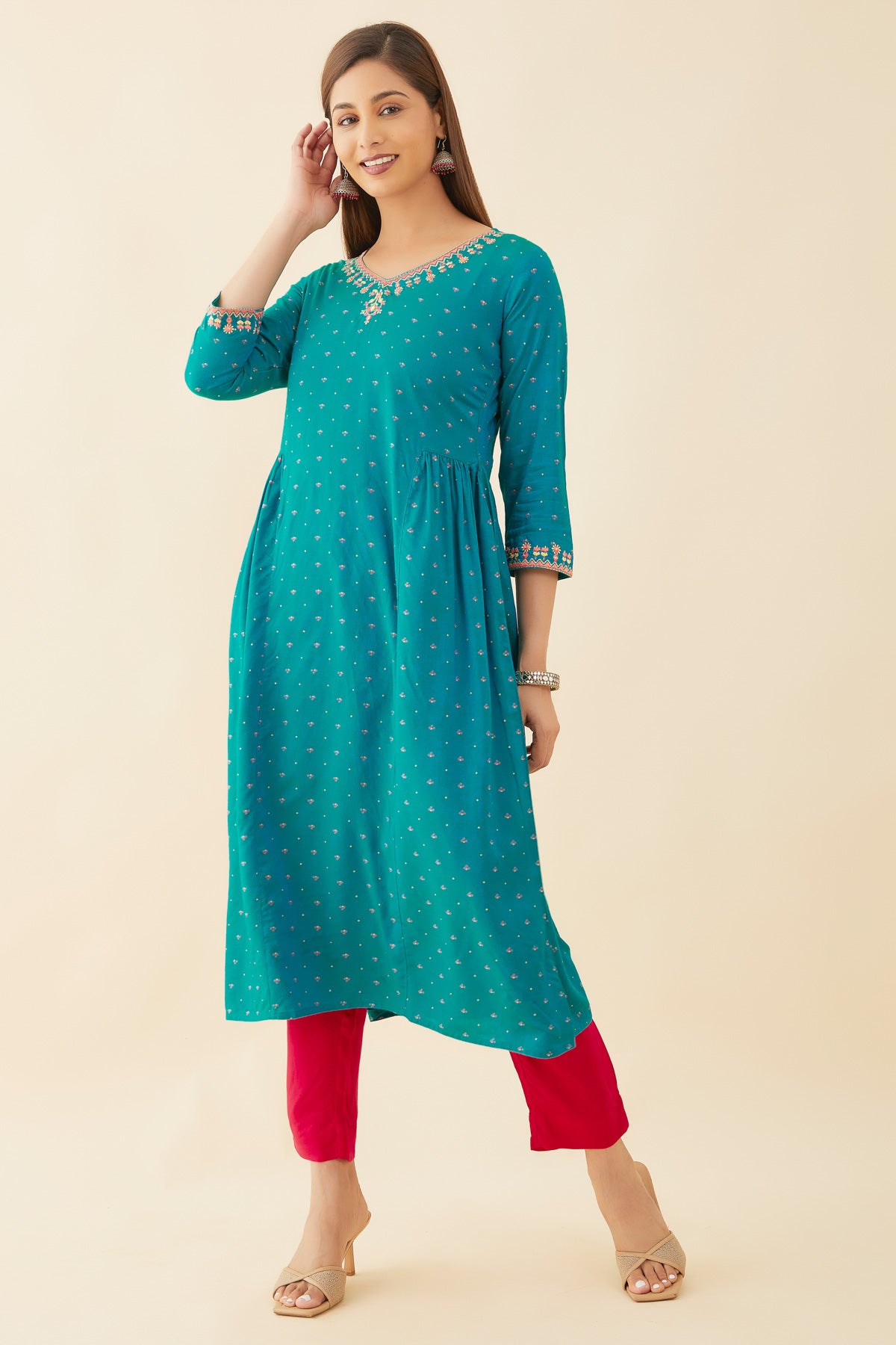 All Over Geometric Print With Foil Mirror Detail Embellished A Line Kurta Green