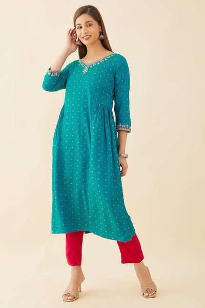 All Over Geometric Print With Foil Mirror Detail Embellished A-Line Kurta - Green