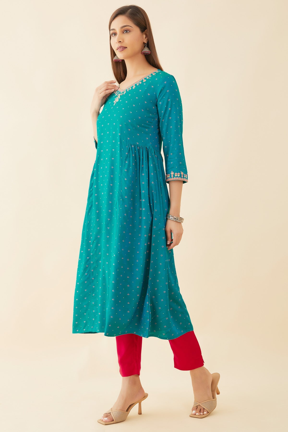 All Over Geometric Print With Foil Mirror Detail Embellished A-Line Kurta - Green