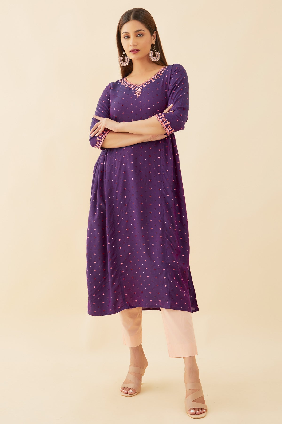 All Over Geometric Print With Foil Mirror Detail Embellished A-Line Kurta - Purple