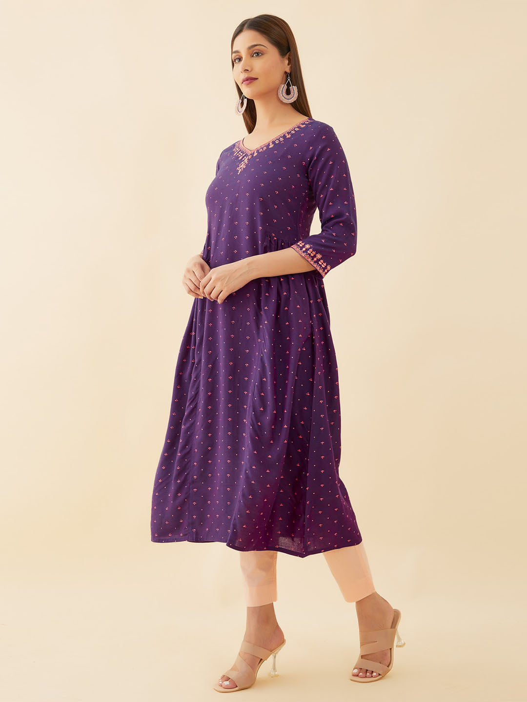 All Over Geometric Print With Foil Mirror Detail Embellished A Line Kurta Purple