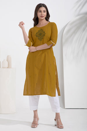 Dobby Embroidered Mustard Cotton Kurta