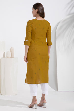 Dobby Embroidered Mustard Cotton Kurta