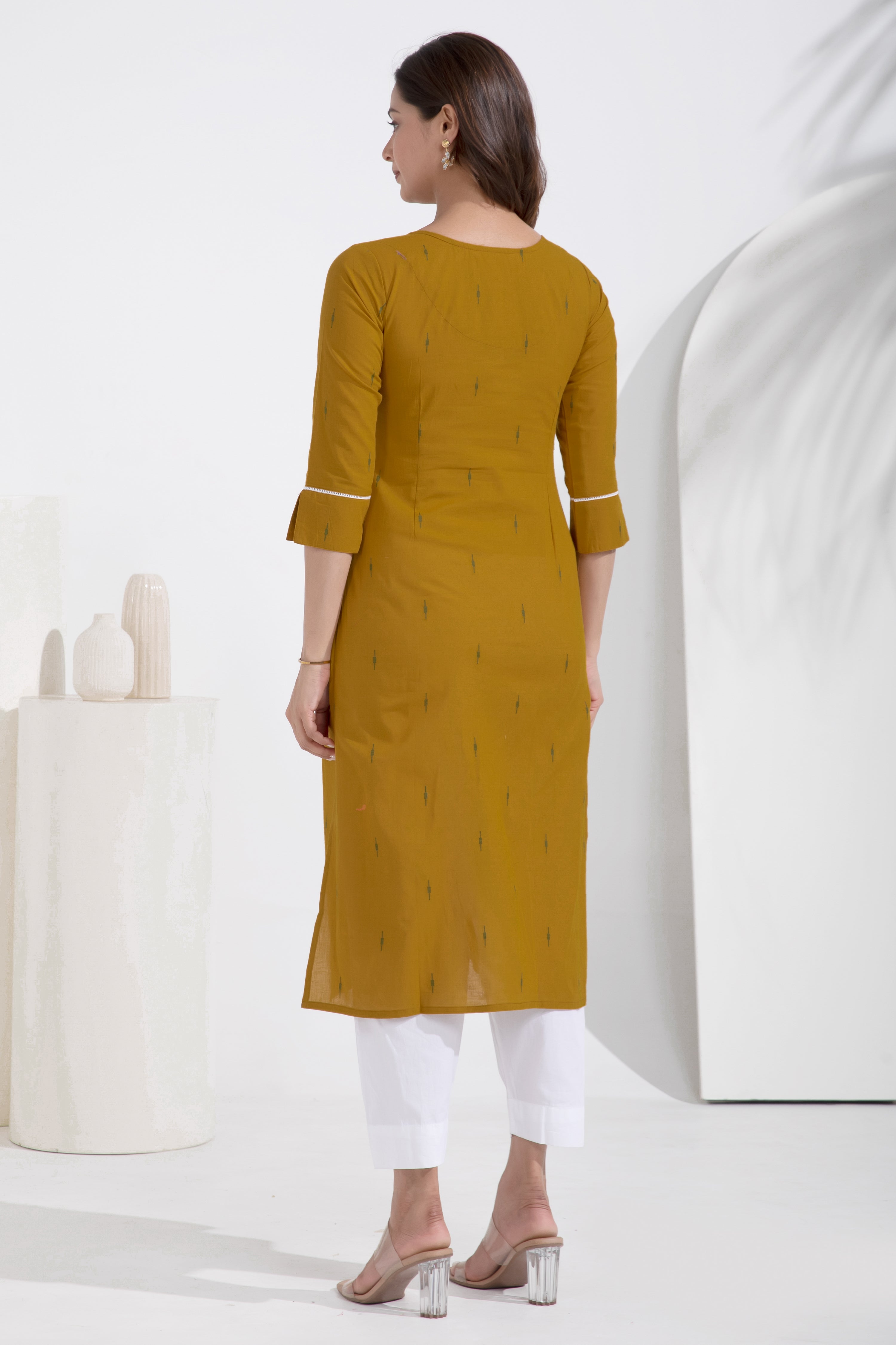 Dobby Embroidered Mustard Cotton Kurta