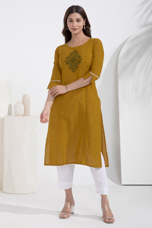 Dobby Embroidered Mustard Cotton Kurta