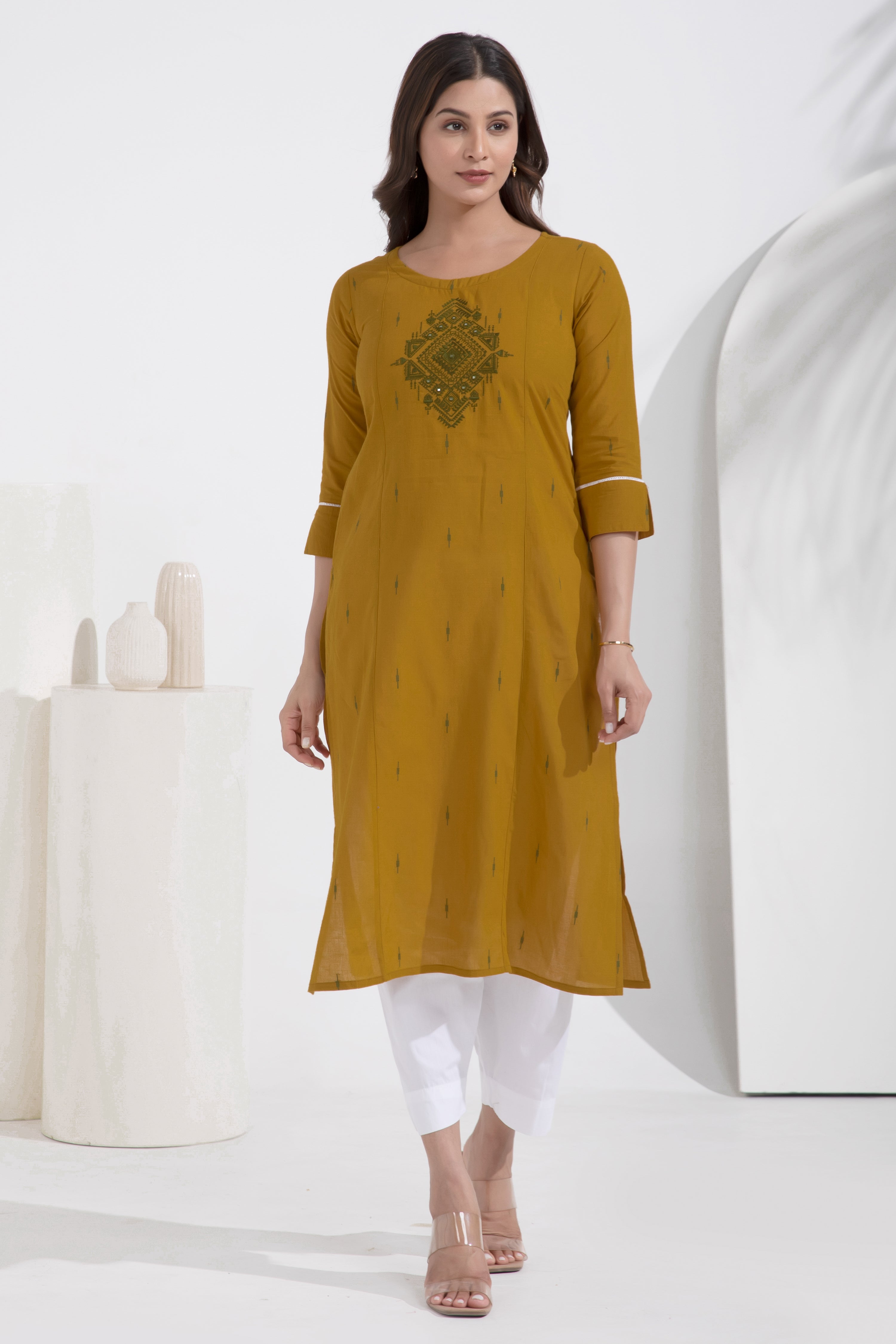 Dobby Embroidered Mustard Cotton Kurta