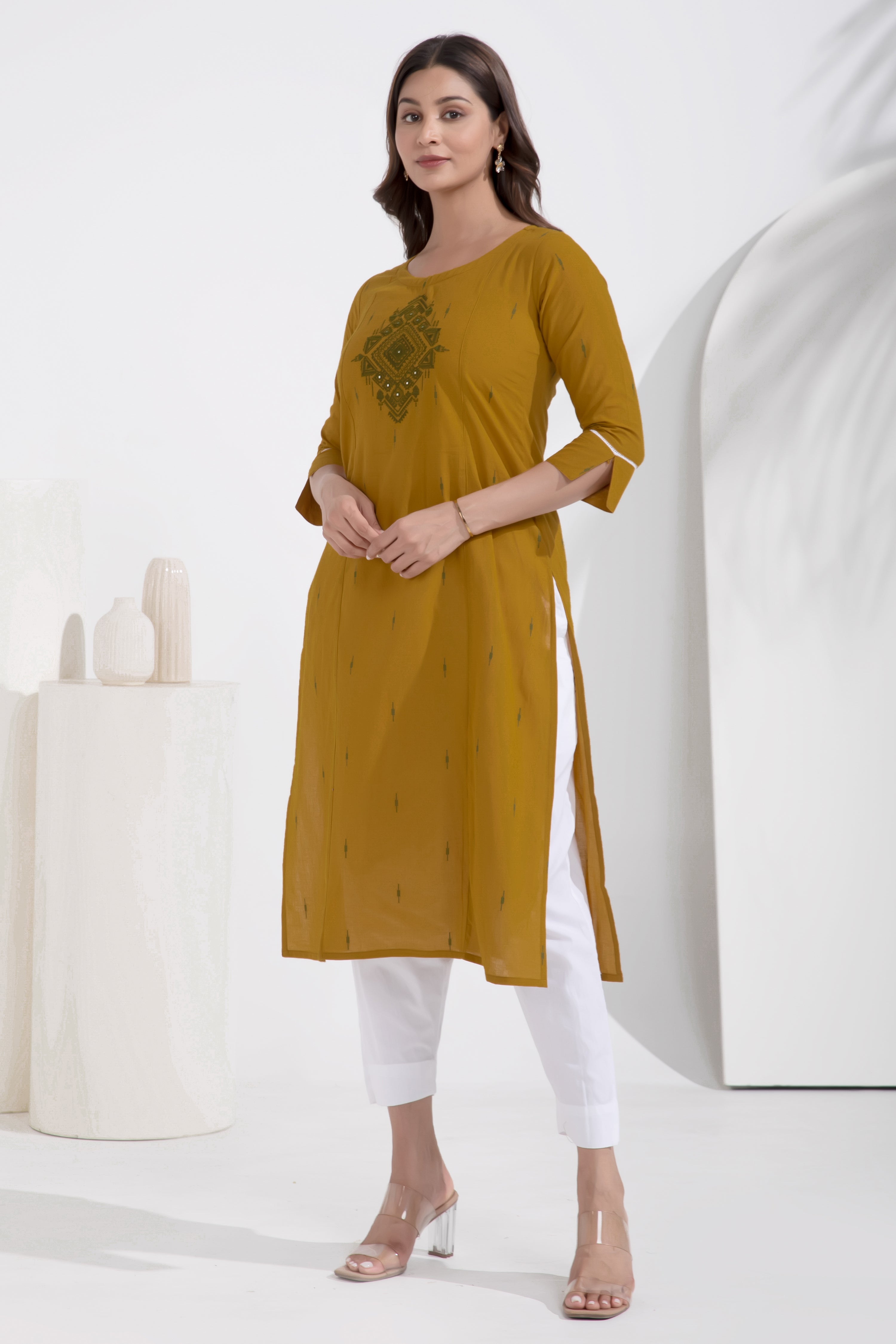 Dobby Embroidered Mustard Cotton Kurta