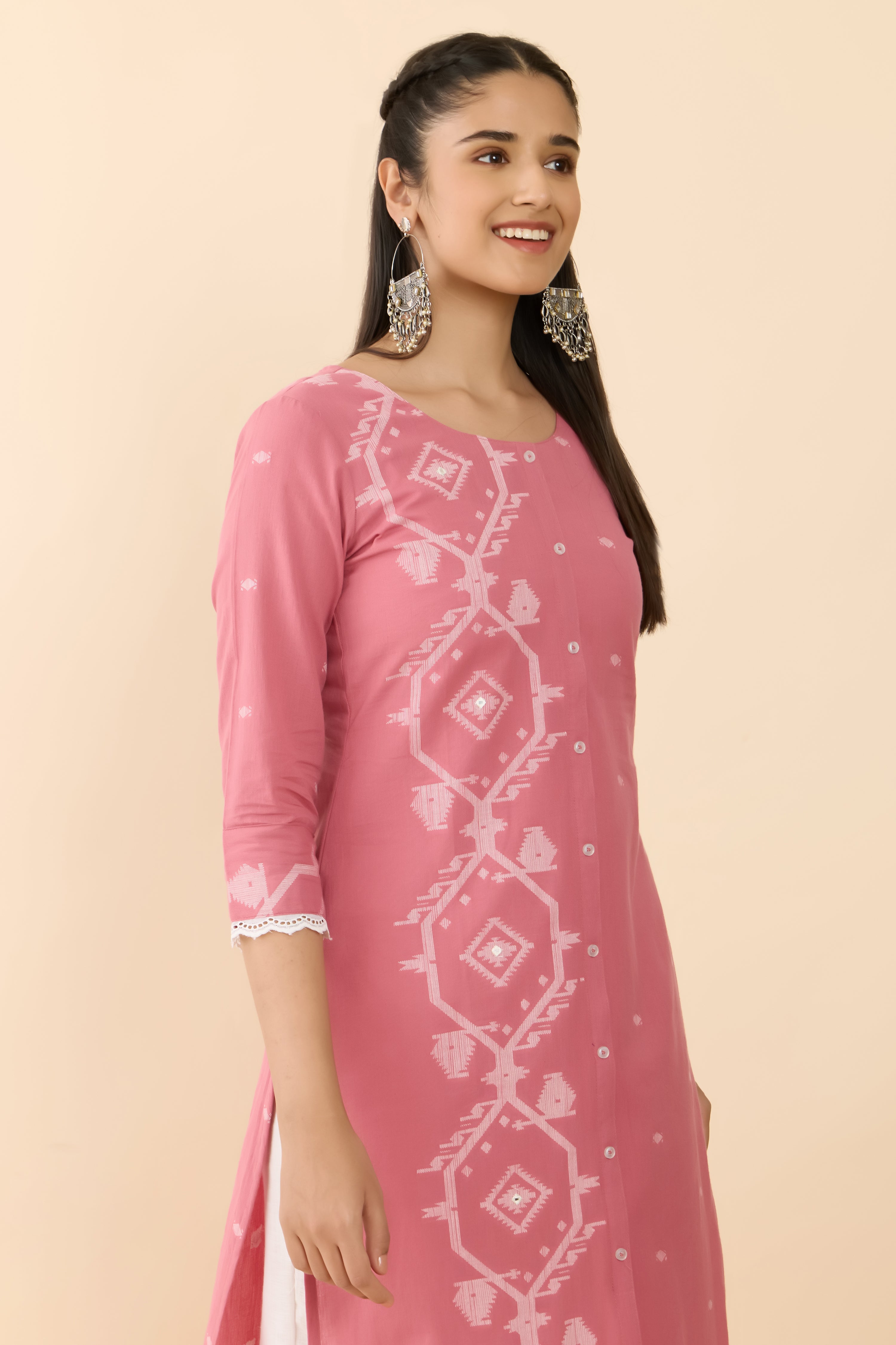 PINK JAMDHANI PRINTED STRAIGHT CUT KURTA