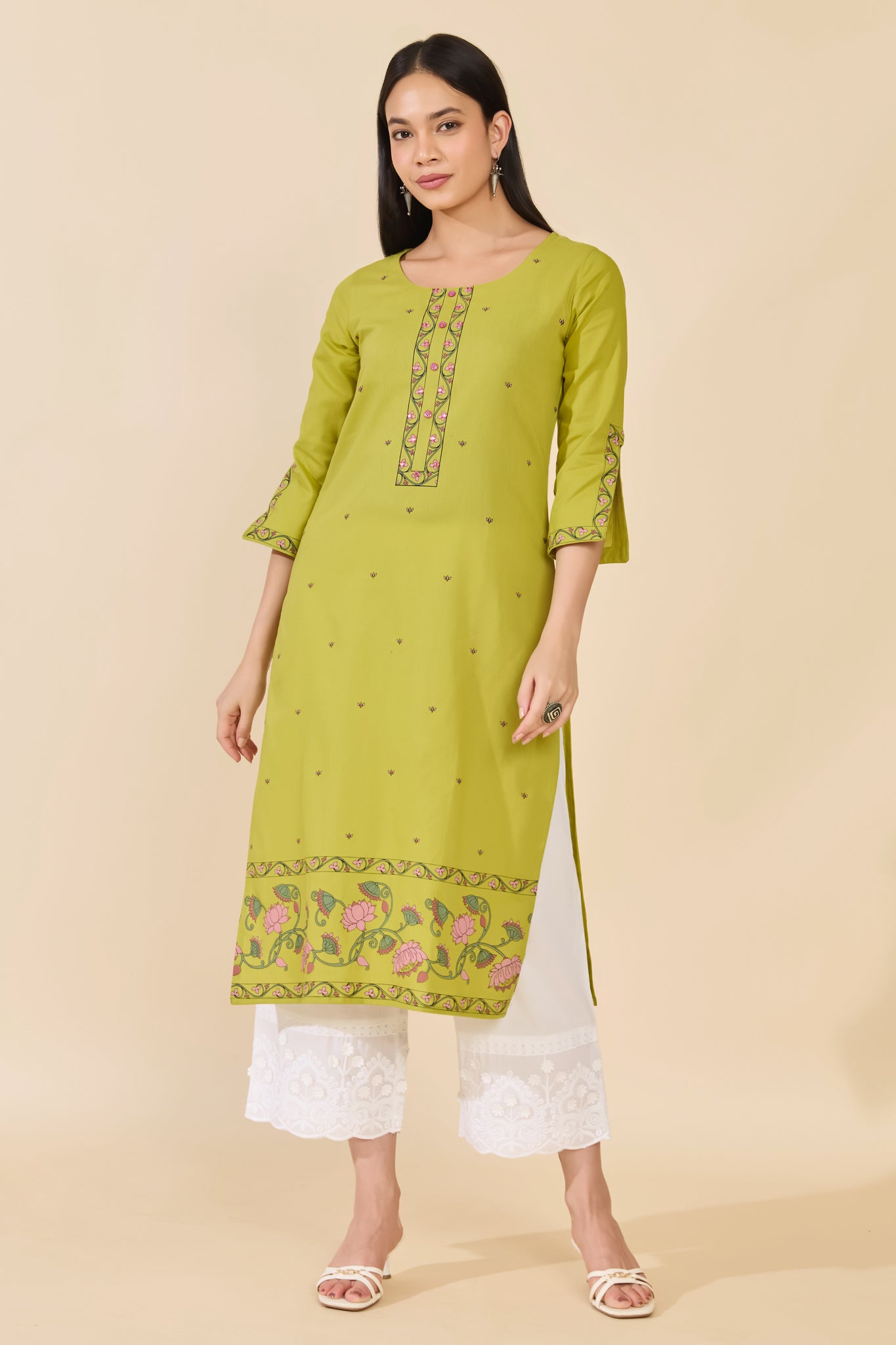 GREEN FLORAL PRINTED COTTON KURTA