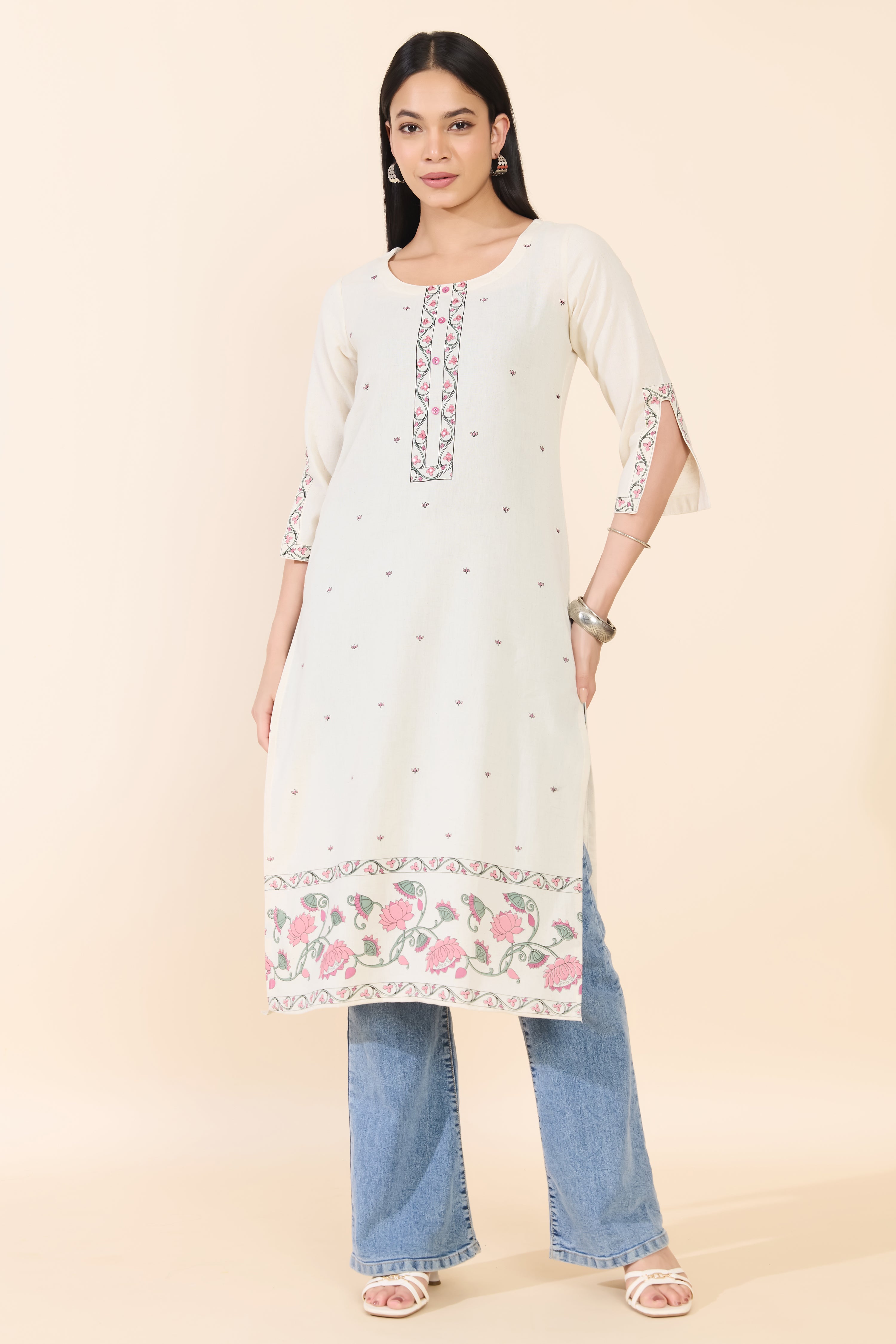 OFF WHITE FLORAL PRINTED COTTON KURTA