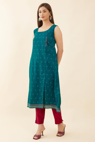 All Over Floral Sleeveless With Side Slit A-Line Kurta - Green