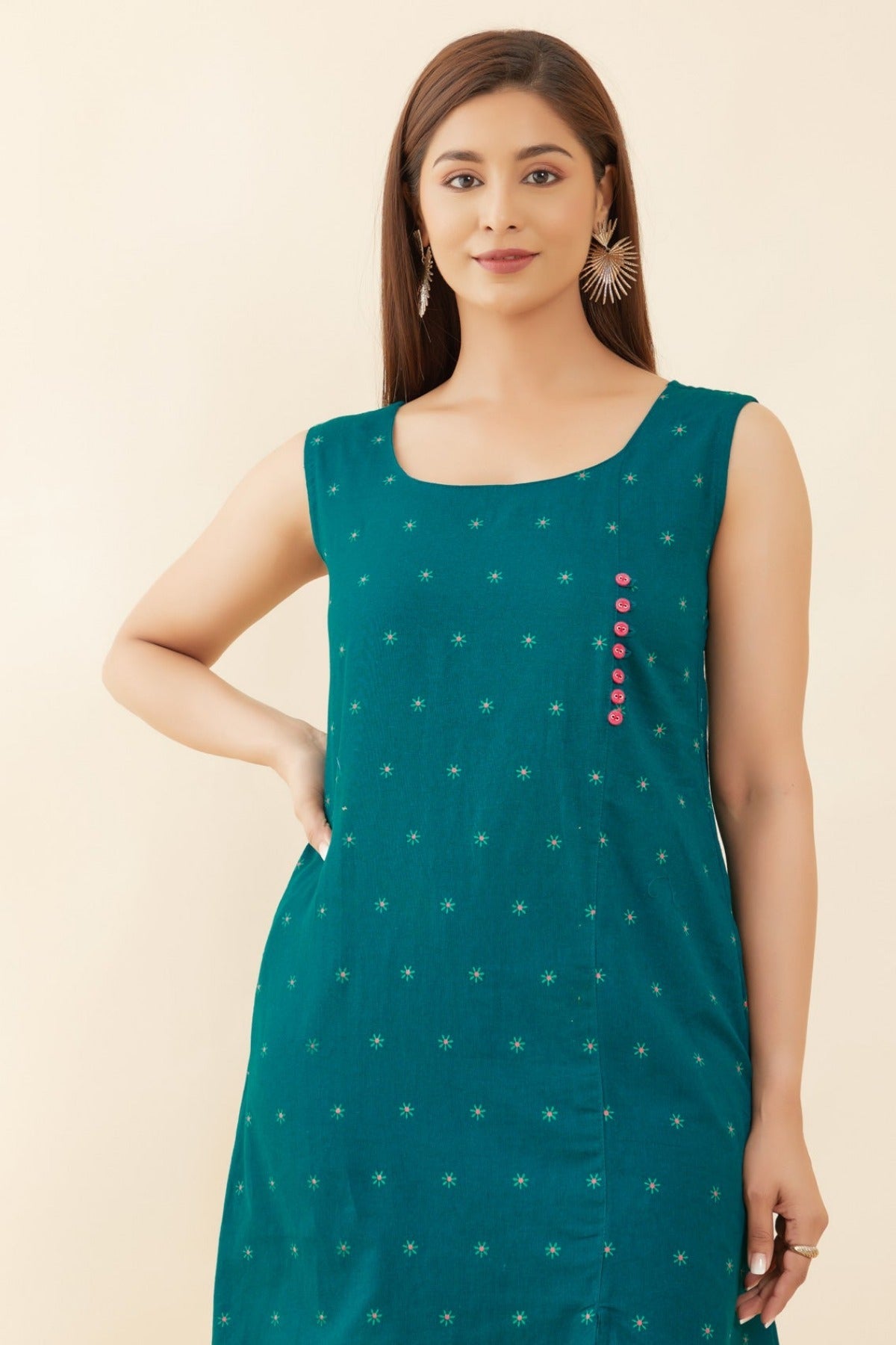 All Over Floral Sleeveless With Side Slit A Line Kurta Green