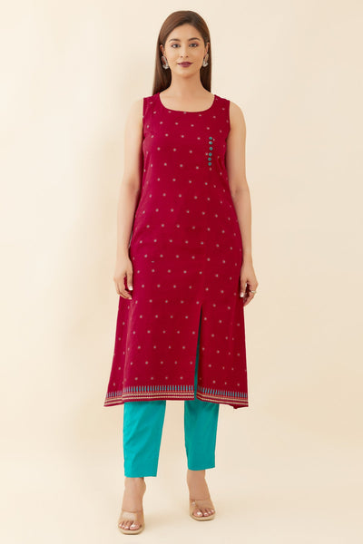 All Over Floral Sleeveless With Side Slit A-Line Kurta - Pink
