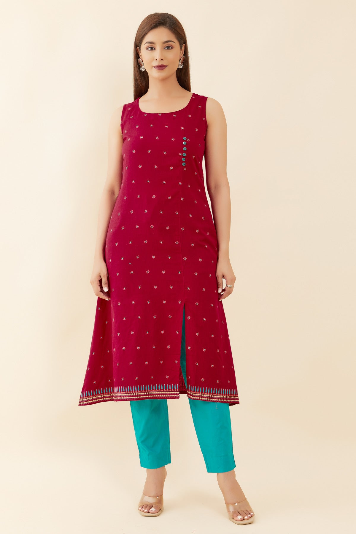 All Over Floral Sleeveless With Side Slit A Line Kurta Pink