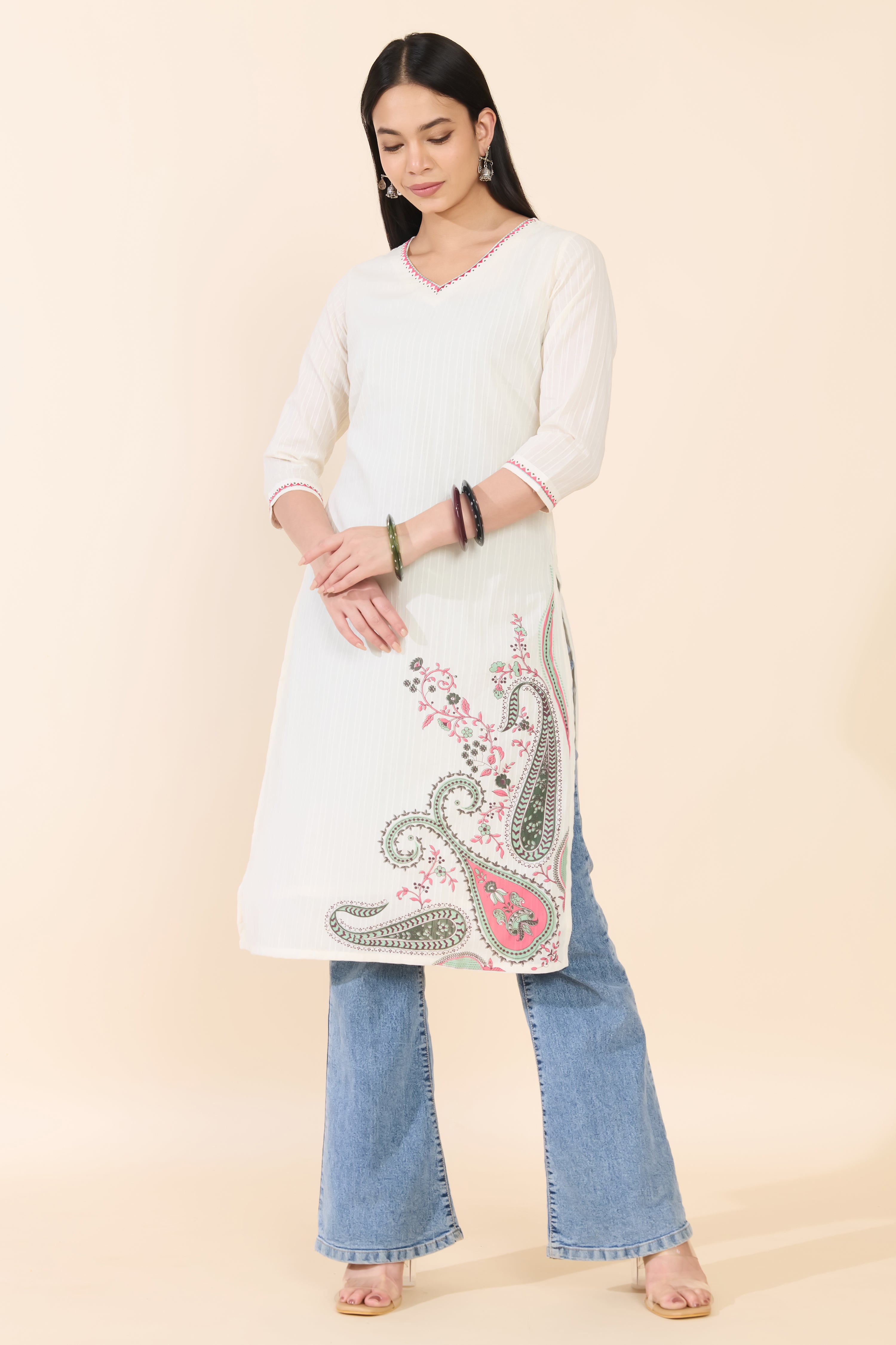 OFF WHITE PAISLEY PRINTED COTTON KURTA