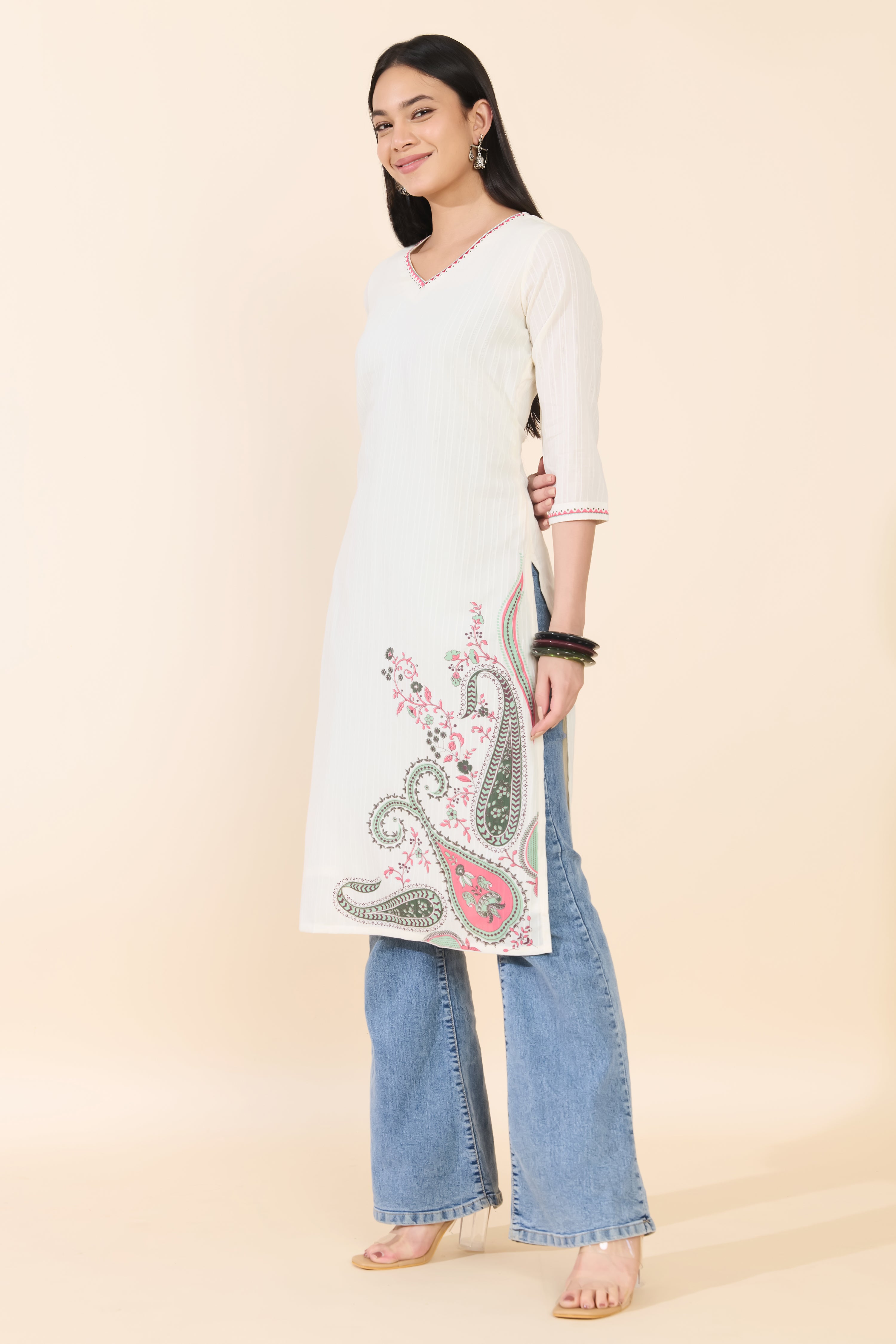 OFF WHITE PAISLEY PRINTED COTTON KURTA