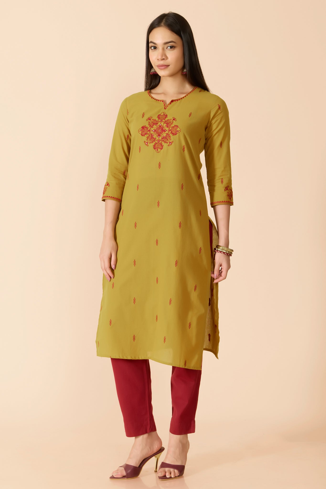 MUSTARD EMBROIDERED COTTON KURTA