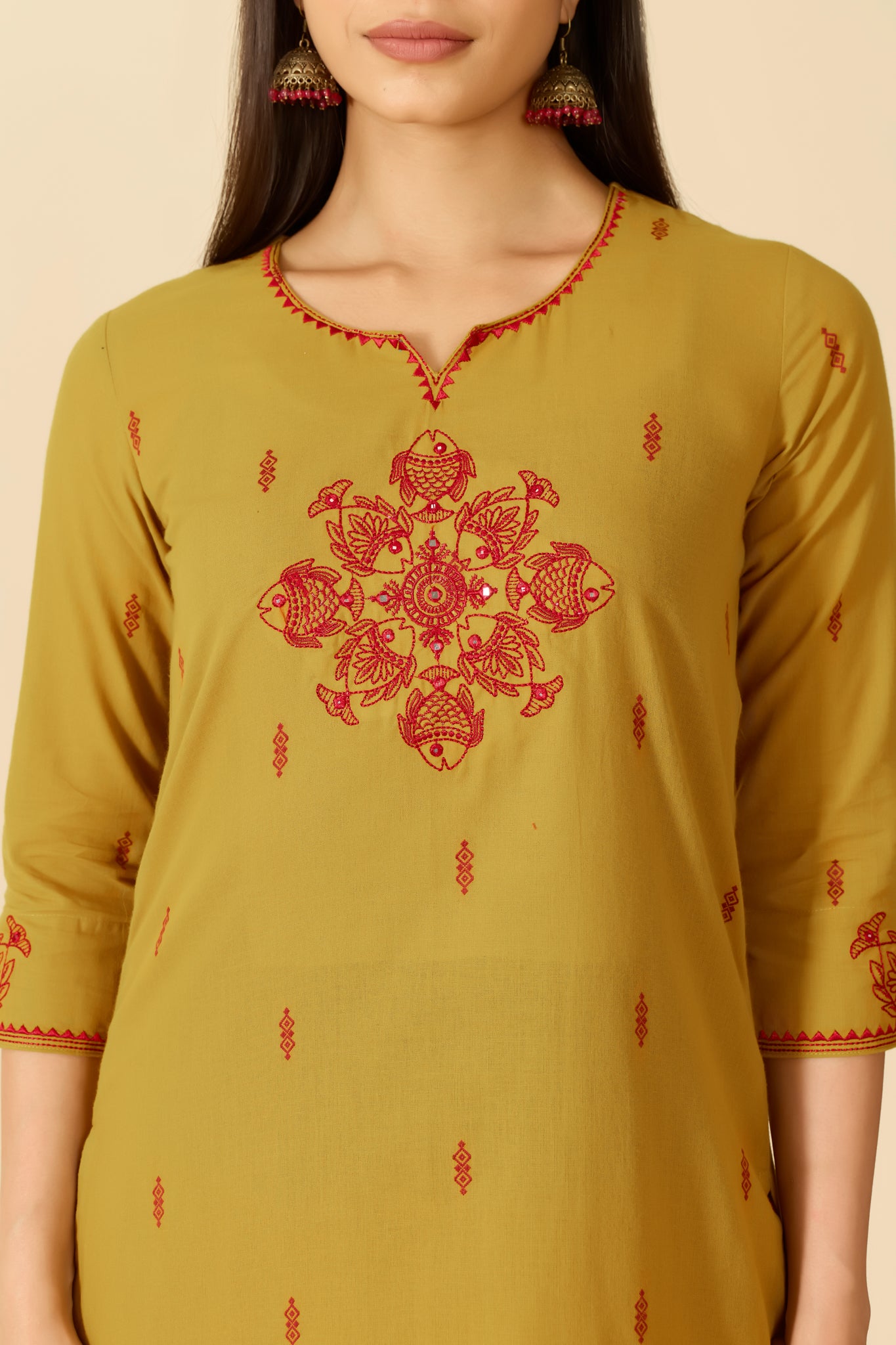 MUSTARD EMBROIDERED COTTON KURTA