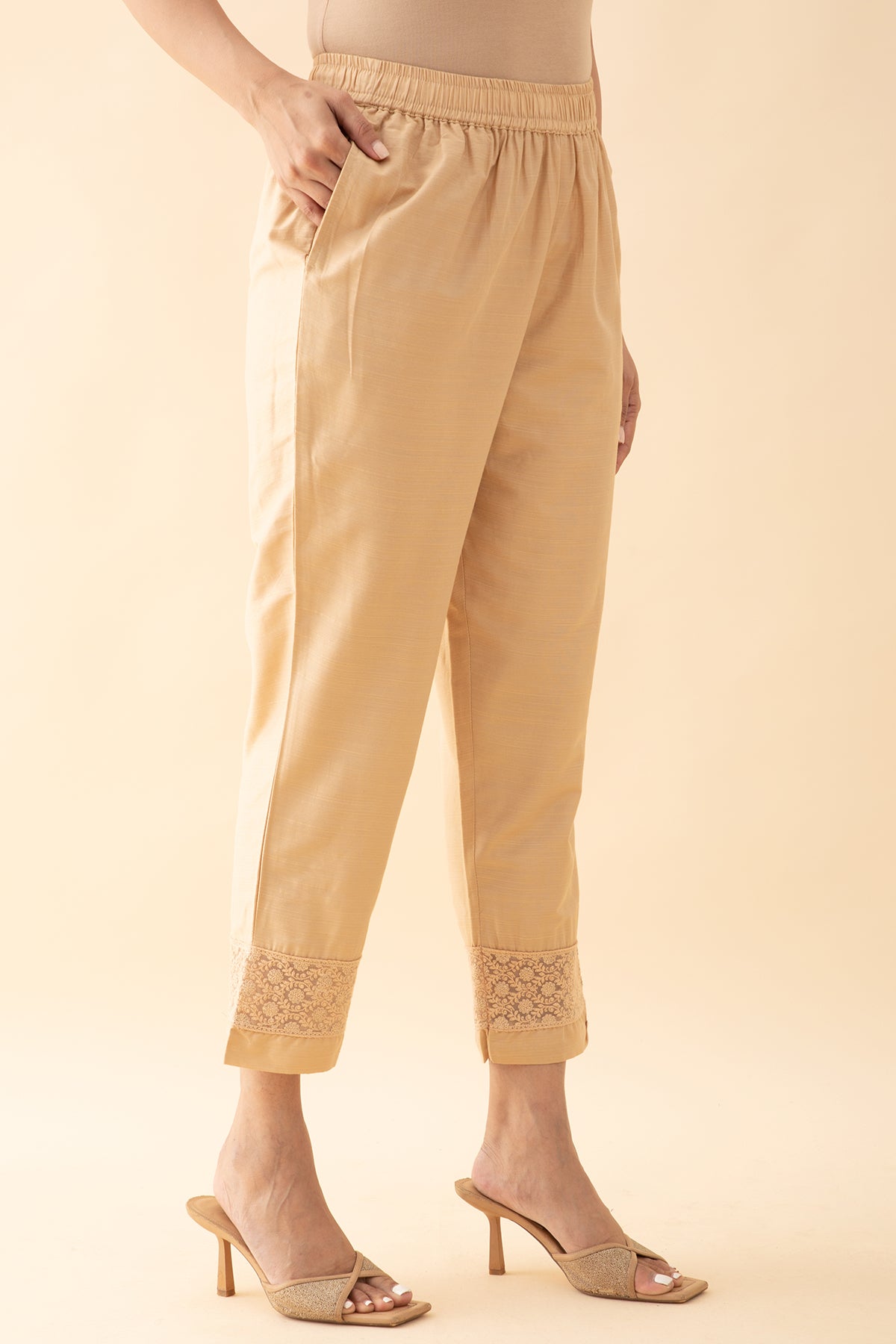 Straight Pant with Lace Embellished Hemline - Beige