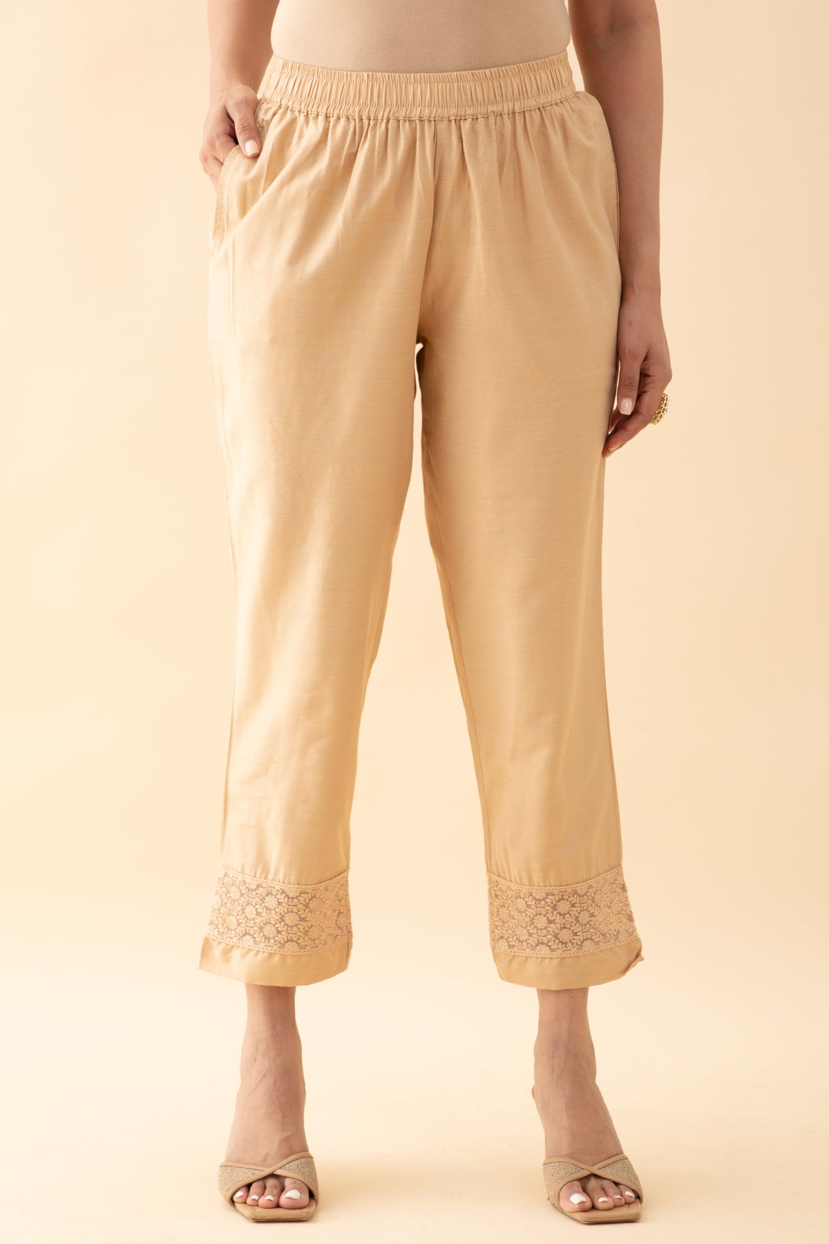 Straight Pant with Lace Embellished Hemline - Beige