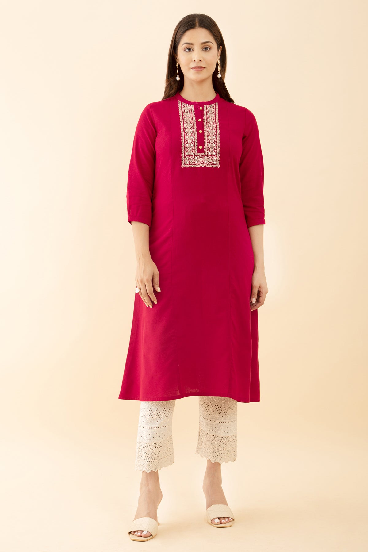 Red Mirror Embellished Kurta with Floral Embroidery Mandarin Collar